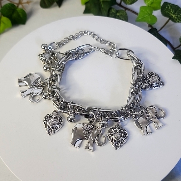 Silver Chain Elephant and Heart Charm Bracelet - Picture 1 of 9